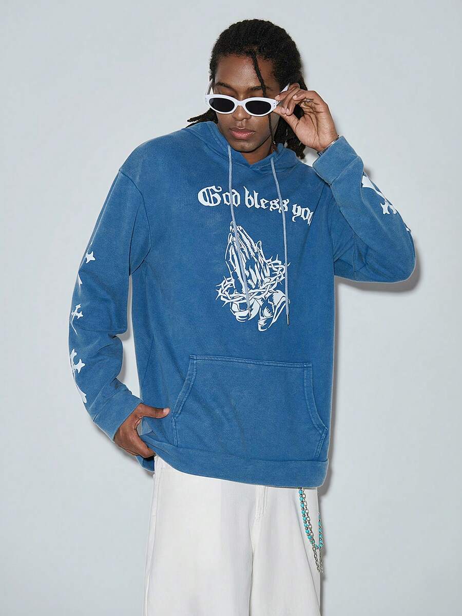 Modcrash Men's Washed Vintage Creative Casual Hoodie With Cross & Letter Print, Streetwear Style , Retro American, Unisex, Relaxed Fit Summer Outfits – Suitable For Everyday Wear And Summer Holiday Outfits. - Blue - View 1