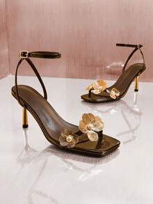 SHUZIA Women Flower Decor Stiletto Everyday Party Sexy Elegant PU High Heeled Sandals - Coffee Brown - View 2