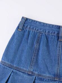 GlowEve Chân váy denim ngắn nữ mùa hè, kiểu dáng thường ngày, phù hợp đi nghỉ mát và đi làm, với viền ren xếp ly tương phản. - Màu xanh lam - Xem 4