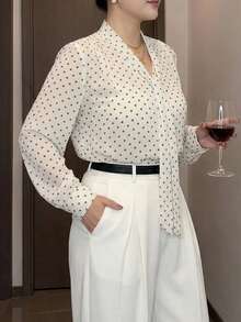 Dazy Plus Elegant White Shirt With Polka Dot Ribbon Tie Collar, Bowknot , Versatile Commuter Top, Plus Size Women Spring/Summer Long Sleeve - Apricot - View 6