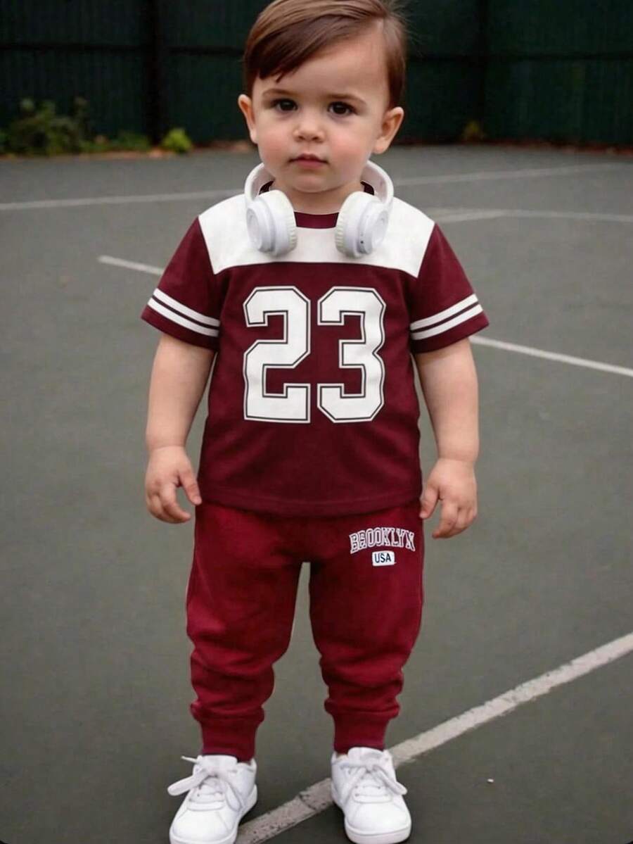 2pcs/Set Baby Boy Casual Sports Style Brooklyn 23 Colorblock Round Neck Short Sleeve T-Shirt And Pants Set, Spring To Summer - Multicolor - View 1