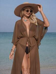 Swim Vcay Bộ Kimono Kèm Thắt Lưng Xà Lách Không Có Bikini - màu nâu - Xem 4