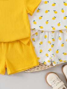 SHEIN Playful Pals 6pcs/Set Newborn Baby Boy Basic Round Neck Elastic Waist Cute Animal Print & Striped Short Sleeve T-Shirt And Shorts Set, Summer - Yellow - View 4