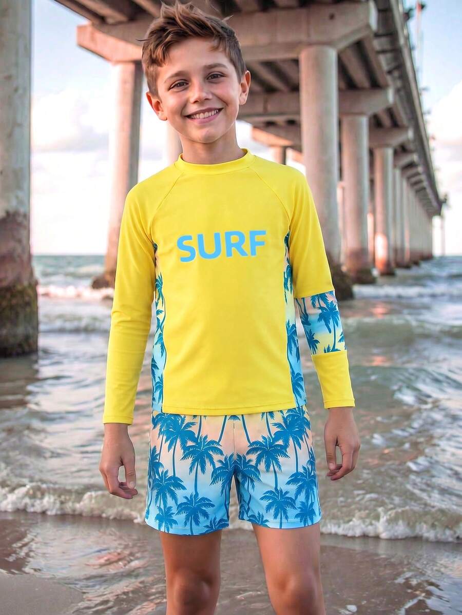 SHEIN Tween Boys 2-Piece Swimwear Set,Long Sleeve Rash Guard & Trunks,Palm Tree Print,Blue,Summer,Funny,Beach,Vacation,Holiday,Tropical Surfing Style,Knit - Yellow - View 1