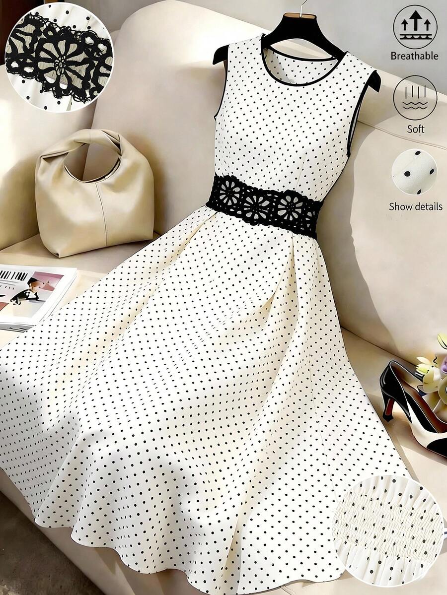 SHEIN Đầm midi nữ cổ tròn không tay dáng chữ A, họa tiết chấm bi, thắt eo ren, màu mơ, hàng mới về mùa hè, đầm midi nghỉ dưỡng nữ, đầm hè nữ, đầm dự tiệc thanh lịch nữ, đầm thường ngày nữ, đầm chấm bi nữ, đầm thanh lịch quyến rũ nữ, đầm không tay nữ, đầm cưới/tốt nghiệp nữ, trang phục công sở thường ngày thời trang, trang phục công sở, trang phục thường ngày đa năng và phong cách, đồng phục giáo viên thành thị. - Nhiều màu - Xem 1