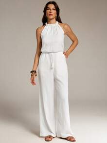 SHEIN Tall Mono de mujer con unicolor, cintura con borlas y atar, para vacaciones - Blanco - Ver 4