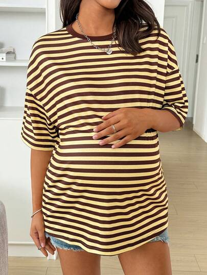 Modmama Camiseta de maternidad casual de cuello redondo con hombros caídos y rayas para el verano