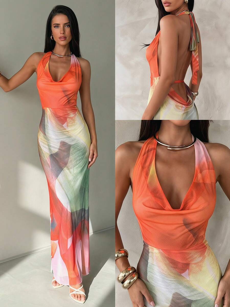 Aloruh Elegant Sexy Pastal Summer Casual Vacation Goddess Halter Backless Deep Draped Neck Floral Mesh Print Bodycon Maxi Dresses For Women Golf