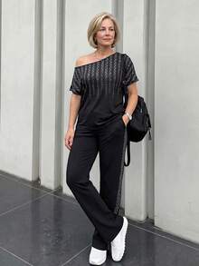 EMERY ROSE Elegant Modest Mother Women's Rhinestone Print Oblique Shoulder Top And Pants Set,Gold Summer Black Cruise Tracksuit Two Piece Matching Outfit Sets - Black - View 5