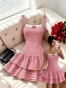 Bestselling Red & White Plaid Strap Tie Bow Lace Trim Waist Ruffle Hem Casual Mini Dress For Women - Red - View 4