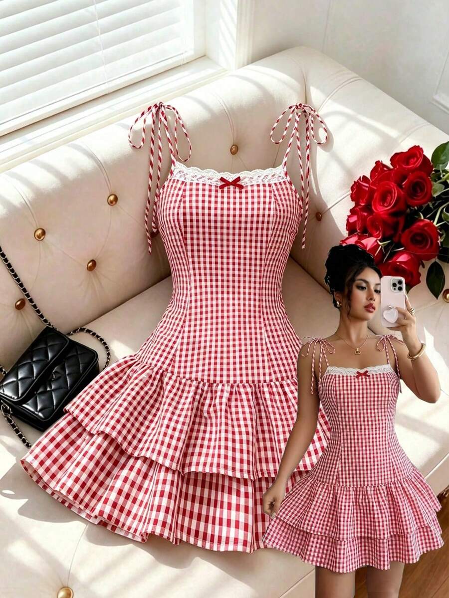 GlowEve Đầm ngắn dáng suông họa tiết kẻ caro đỏ trắng bán chạy nhất dành cho nữ, kiểu dáng thường ngày, có dây đeo, nơ, viền ren, gấu đầm xếp ly.