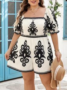 SHEIN CURVE+ Curve 尺码 US22 音乐节、海滨度假、波西米亚风女士复古蓝白碎花方领泡泡袖腰带阔腿连体裤，假日蓝白碎花连体裤 - 黑與白 - 查看 7