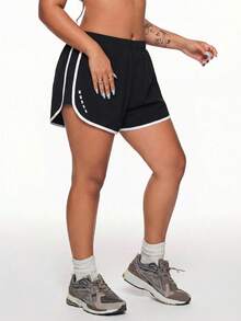 SHEIN Rhythm Era Plus Size Women's Summer Color Block Elastic Waistband 2-In-1 Sports Shorts - Black - View 4