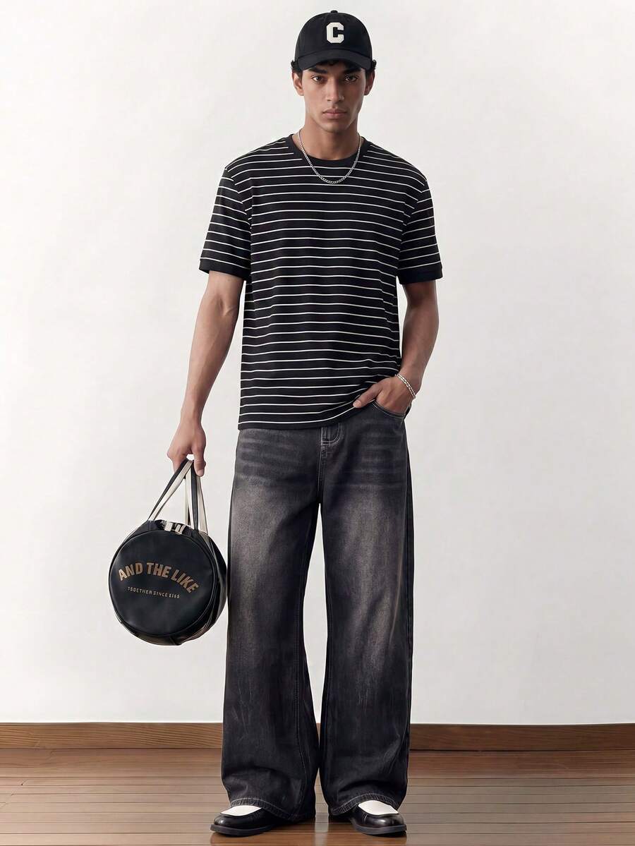Manfinity Unisex Men's Striped & Printed Round Neck Short Sleeve T-Shirt - Black - View 1