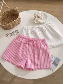 Comfortcana Bộ 2 món áo thun kẻ sọc hồng và quần short trắng buộc dây phía trước dành cho nữ, thích hợp cho mùa hè. - Nhiều màu - Xem 8