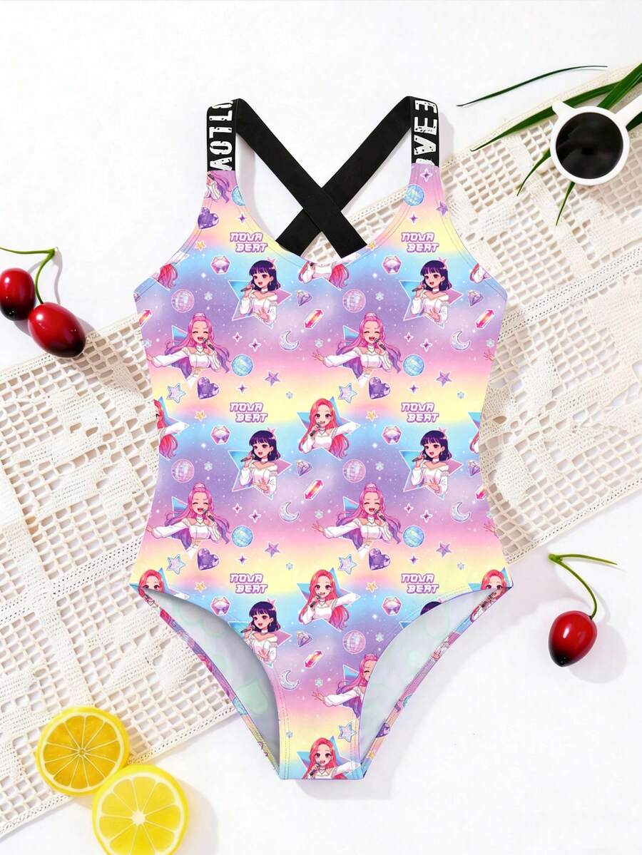 少女夏季海滩度假 K-Pop 卡通人物渐变印花字母交叉露背连体泳衣 - 彩色 - 查看 1