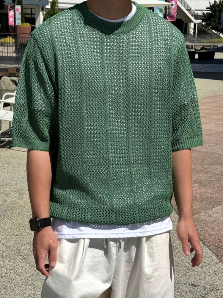 Men's Minimalist Green Short Sleeve Mesh Knit Top, Summer