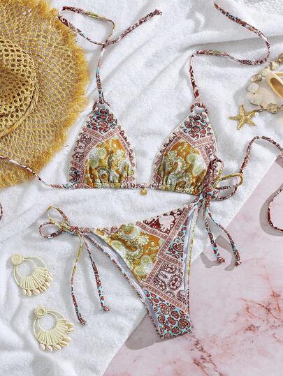 Bonvoyette Conjunto de bikini con estampado de paisley y atar al cuello, elegante estilo bohemio para la playa, color amarillo-marrón, para verano