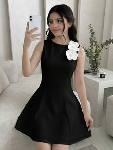 SHEIN Girlism 少女黑色优雅3D立体花卉装饰收腰无袖连衣裙，正式场合穿着 - 黑色 - 查看 2