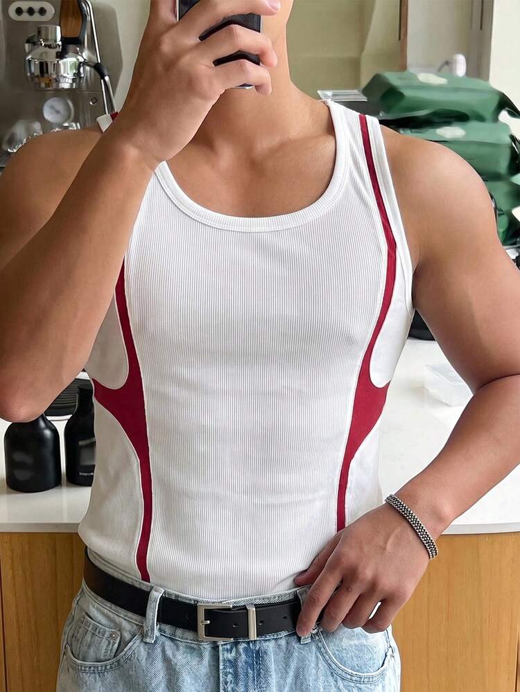 Red & White Splice Color Block Sporty Fitted Men's Tank Top