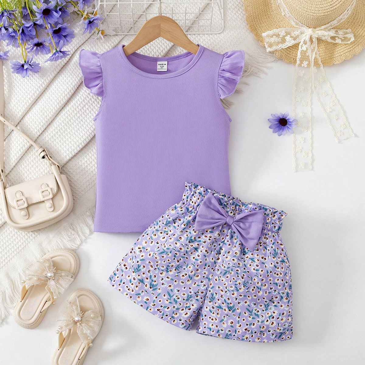Conjunto de 2 piezas para niñas jóvenes, top de punto rosa con cuello redondo y mangas volantes y pantalones cortos con decoración de lazo floral p