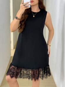 Easowa Curve Plus Size Women Solid Color Contrast Lace Sleeveless Dress Holiday Black Summer Elegant Wedding Guest - Black - View 3
