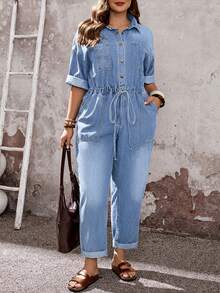 EMERY ROSE EMERY ROSE Mono de mezclilla casual sin estiramiento con botones y escote caído para mujer de talla grande - Lavado ligero - Ver 7