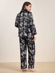 Hourtrue 2 piezas Conjunto de pijama de lujo con estampado animal, top de manga larga con cuello en V profundo + pantalones de pierna ancha, ropa de casa casual - Negro - Ver 2