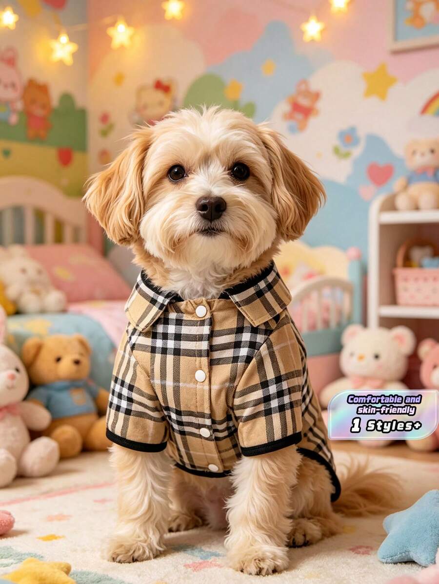 狗狗宠物服装 春夏猫咪格子衬衫 时尚可爱宠物服装 适合小型和中型犬 - 卡其色 - 查看 1