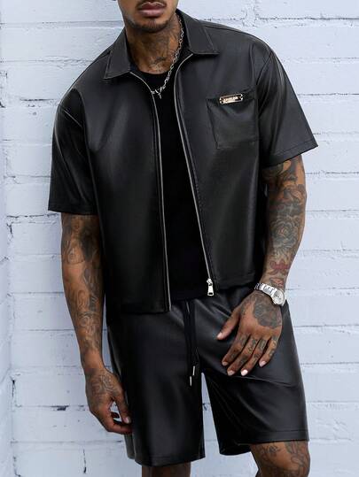 SLATEMANN Men's Solid Color PU Leather Short Sleeve Zip-Up Shirt And Shorts Set