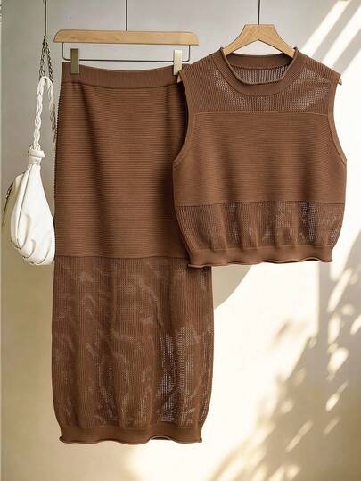 GlowEve CURVE Conjunto de 2 piezas de mujer para vacaciones de verano, con cárdigan de punto sin mangas de cuello redondo y calado, y falda