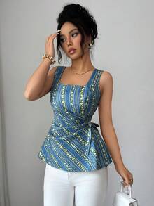 SHEIN Raffinéa Women's Lightweight Blue & Yellow Ditsy Floral Tie-Front Camisole For Casual Daily Wear & Dates, Summer - Blue - View 6