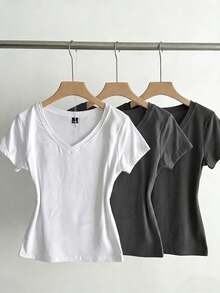 SHEIN EZwear 3件装女士夏季V领紧身T恤，朋克亚文化动漫纯色基础款V领短袖修身T恤 - 彩色 - 查看 3