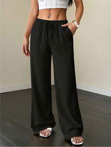 Flirla Tall Women's Pants, Textured Fabric, Waist Tie Fall Cloth For Women - Black - View 1