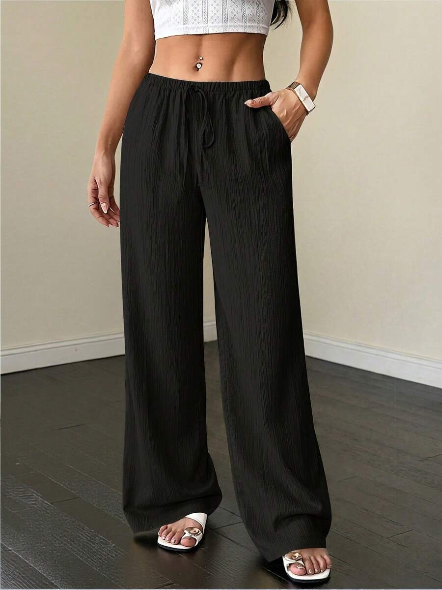 Flirla Tall Women's Pants, Textured Fabric, Waist Tie Fall Cloth For Women - Black - View 1