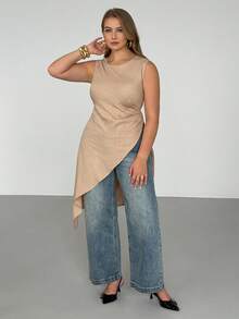 Auralis Plus Size Women Casual Solid Color Asymmetric Hem Sleeveless Top Going Out Formal Vacation Tops Peach Summer - Apricot - View 4