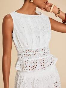 Travachic Women's Hollow Embroidered Boat Neck Ruffle Hem Sleeveless Top - White - View 6