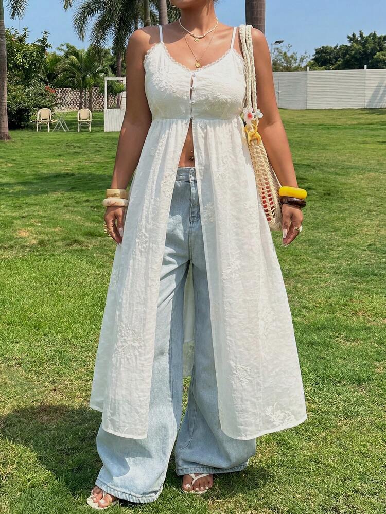 Dazy Plus Plus Size Solid Color Maxi Length Split Textured Embroidered Fabric Elegant Summer Vacation Camisole And Tank Top