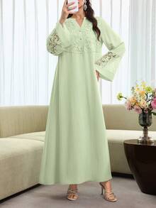Al Najma V领喇叭袖拼接3D刺绣花卉饰边长袍，春夏款 - 薄荷綠 - 查看 7