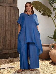 EMERY ROSE Plus Size Women's Brown Summer Boho Vacation Solid Batwing Sleeve Loose Top And Wide Leg Pants Set,2 Pieces Beach Gym - Blue - View 5
