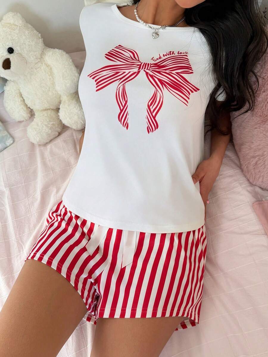 SweetSlumber Sweet Striped & Bow Pattern Short Sleeve Women Pajama Set - Multicolor - View 1