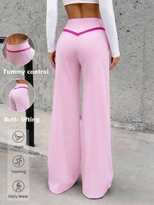 Seamluxe SHEIN Sport 女士高腰直筒休闲裤，带口袋，户外运动跑步健身休闲裤 - 粉色 - 查看 2