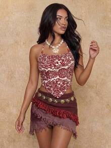 Elin Vora Nueva camiseta corta con decoración de cuentas, con tirantes anudados, de estilo casual, para vacaciones, oficina, viajes y citas, sexy para mujer - Rojo y blanco - Ver 2