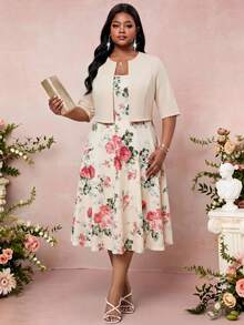 SHEIN Lady Bộ đồ 2 mảnh thanh lịch dành cho nữ cỡ lớn: Áo khoác không cài cúc phía trước và váy in hoa. - Nhiều màu - Xem 4