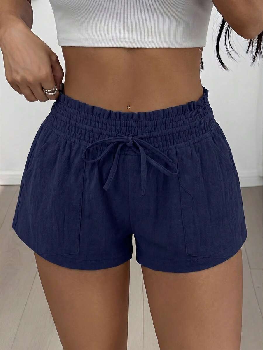 SHEIN EZwear Quần short nữ màu xanh navy trơn, kiểu dáng thường ngày, cạp chun, túi bên hông, mùa hè 2026. - Xanh đậm - Xem 1