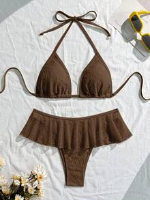 Swim Mod Short Plain Coffee Brown Halter Top Bikini With Flirty Ruffled Lace Skirt For Women - Coffee Brown - View 6
