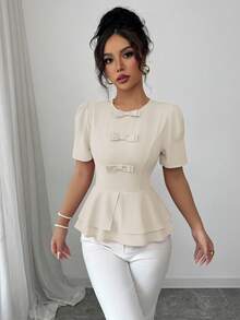 Selianne 女款休閒優雅度假通勤純色圓領收腰雙層A字版泡泡袖襯衫，附3D蝴蝶結裝飾，粉紅色 - 杏色 - 查看 4