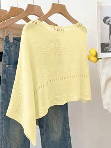 SHEIN Franclia Áo mùa hè mới, trang phục đi biển cho nữ, trang phục nghỉ mát cho nữ, trang phục lễ hội cho nữ, áo poncho dệt kim màu trắng cho nữ - cổ thuyền, vạt bất đối xứng, sọc ngang và chi tiết đục lỗ, nét quyến rũ boho ven biển và phong cách phối đồ thoải mái. - Vàng nhạt - Xem 2