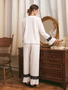 Côtesoire Southern France Elegant Ruffled Cardigan Women Pajama Set - White - View 2