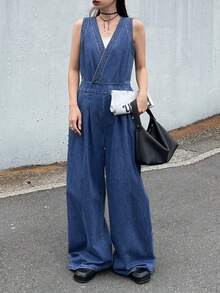 FRIFUL Women's Fashion Versatile Pleated Loose Denim Jumpsuit - Blue - View 3